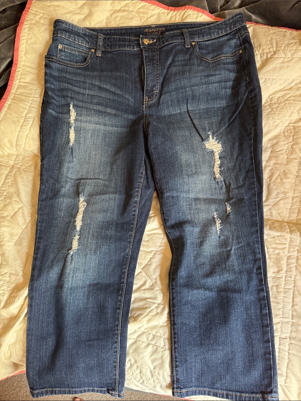 Jennifer Lopez Medium-Dark Blue Distressed Straight Leg Capri Jeans